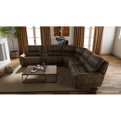 Canapé d'angle inclinable électrique 6 pièces avec tissu performant, repose-pieds motorisés, ports USB-C et porte-gobelets amovibles. Conception polyvalente avec support de chargement en forme de L.