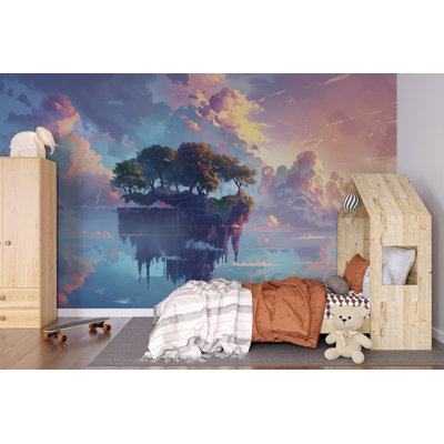 Fantasy Floating Island Wall Mural – Dreamy Sky Landscape Wallpaper For Kids Bedroom, Playroom Or Creative Spaces