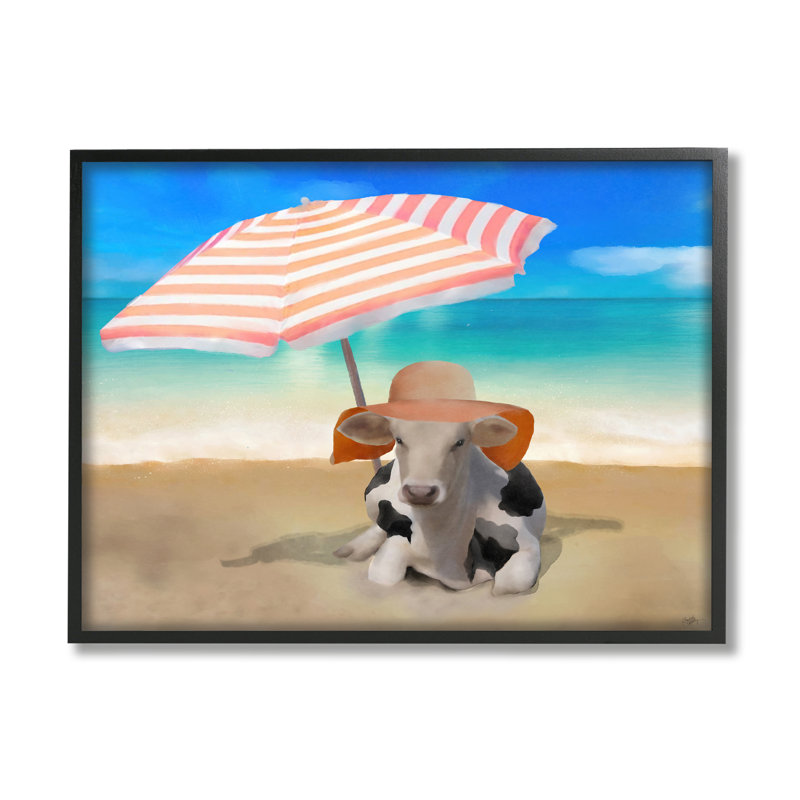 «Lounging Cow Summer Beach Shore», impression, H 24 po x l 30 po x P 1,5 po, Giclée encadrée noir minuit