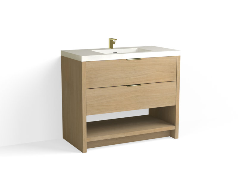 Vue 42" W Freestanding Single Bathroom Vanity, Glossy White/8" Widespread, Nimbus, Matte Black