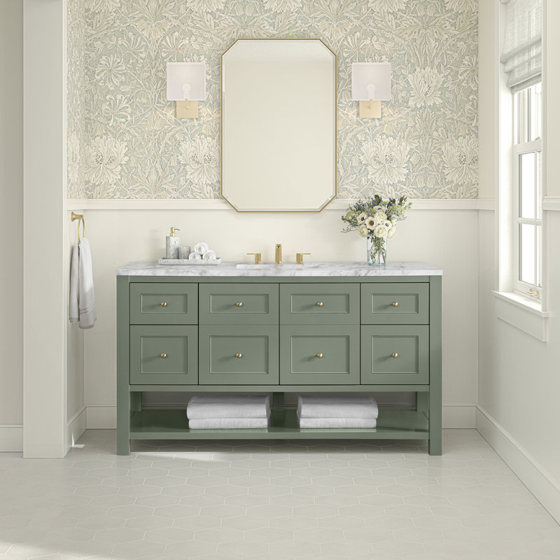 Breckenridge 60'' W Single Vanity, Smokey Celadon, Carrara White Marble, Widespread