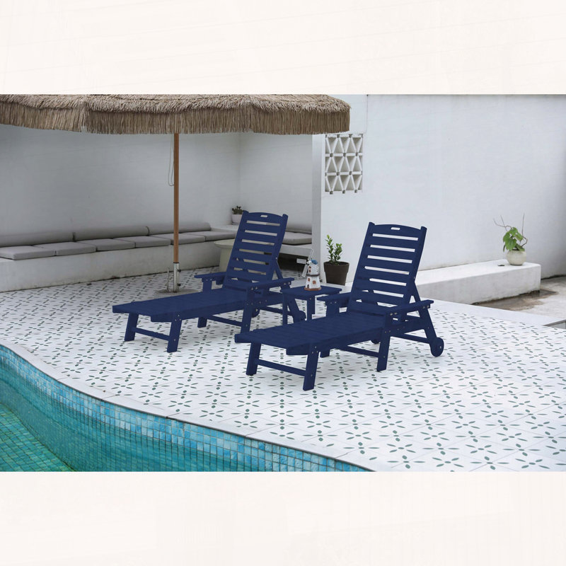 Ensemble de chaise longue surdimensionnée 3 pièces avec table d'appoint, roues et porte-gobelet, Marine