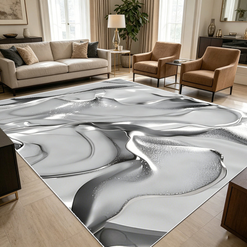 1PC Silver Metallic Wavy Fluid Abstract area rugs for Living Room, Soft and Comfortable, Suitable for all seasons, easy-to-maintain, machine washable Indoor floor mat, Under Table Farmhouse suitable for entryway, bedroom, dining room, home office,