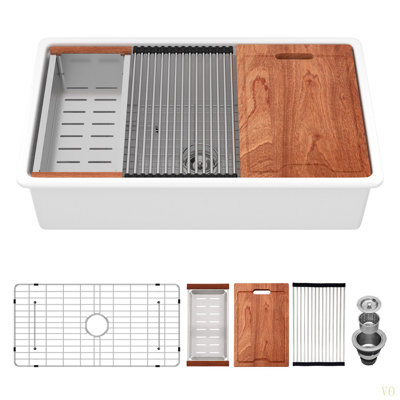 Undermount  Kitchen Sink Workstation - 33 Inch  Porcelain Ceramic Single Bowl Dual Mount Kitchen Sink