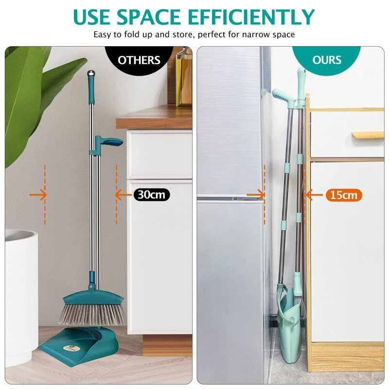 Bluish Green Stainless Steel Broom and Dustpan Set with Adjustable Handle