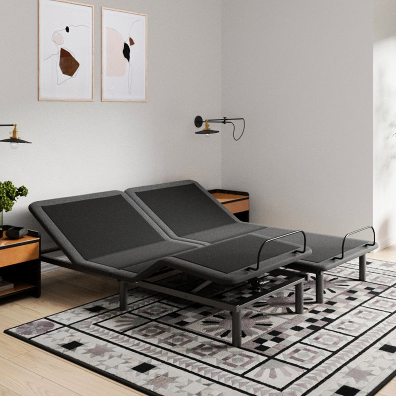 Très grand lit avec pieds réglables - télécommande sans fil, utilisation facile, cadre noir avec tête de recharge pour téléphone, fabriqué en métal