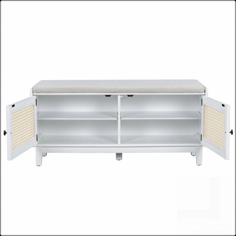 Banc d'entrée en rotin avec rangement Boho, Blanc