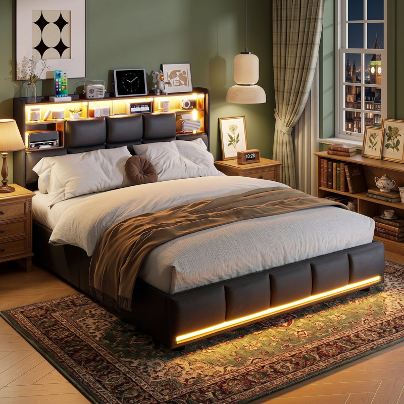 PU Upholstered Ottoman Storage Bed with Headboard and LED, Large Capacity Hydraulic Lift Up Storage Beds with Charging Station, Modern Platform Bed Frame for Bedroom(4Ft6/5Ft,Black)
