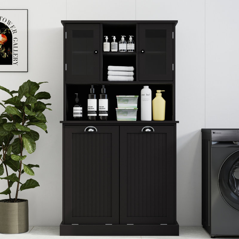 Armoire de salle de bain noire haute. Fabriqué avec E1 pour plus de stabilité, charge de 150 lb. Double tablette de rangement réglable. Séparez les sacs amovibles sales. Poignée carrée simple mais élégante.