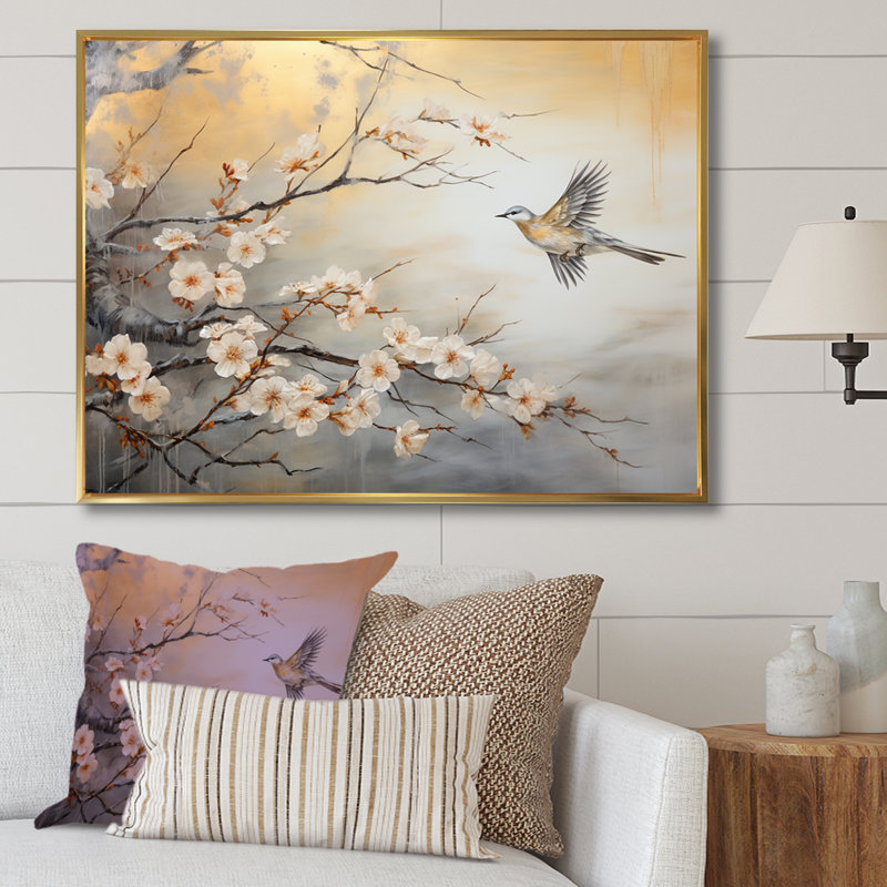 Oiseaux gris et blancs sur un arbre floral III - art mural oiseau, Cadre flottant doré, H 30 po x l 40 po x P 1,5 po