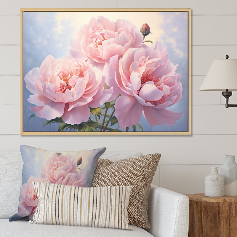 Pivoine rose II - art mural floral, Cadre naturel flottant, H 12 po x l 20 po x P 1 po
