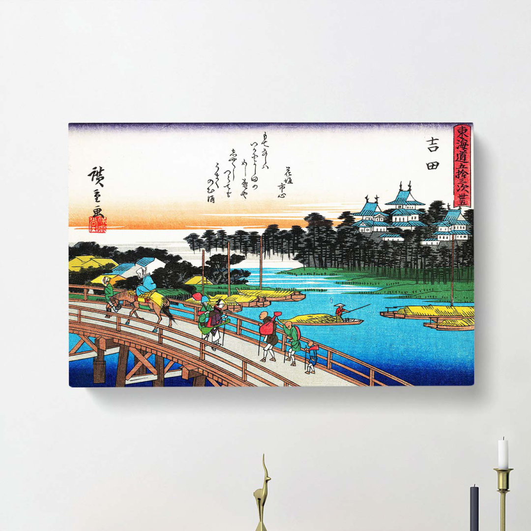 Walking over the Bridge by Utagawa Hiroshige - Wrapped Canvas