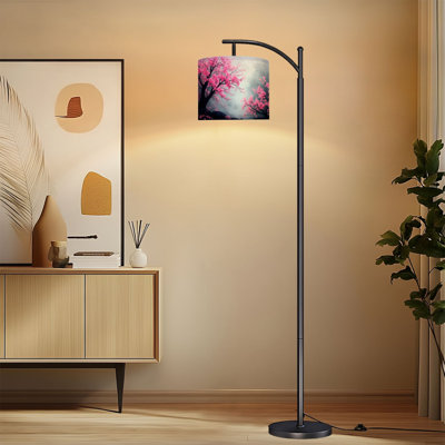Arc Floor Lamp with Adjustable Lampshade Pink Cherry Blossom Trees Misty Landscape Dark Summer Decor Standing Lamp 3 Color Temperatures Dimmable Tall Pole Lamp with Foot Switch for Bedroom