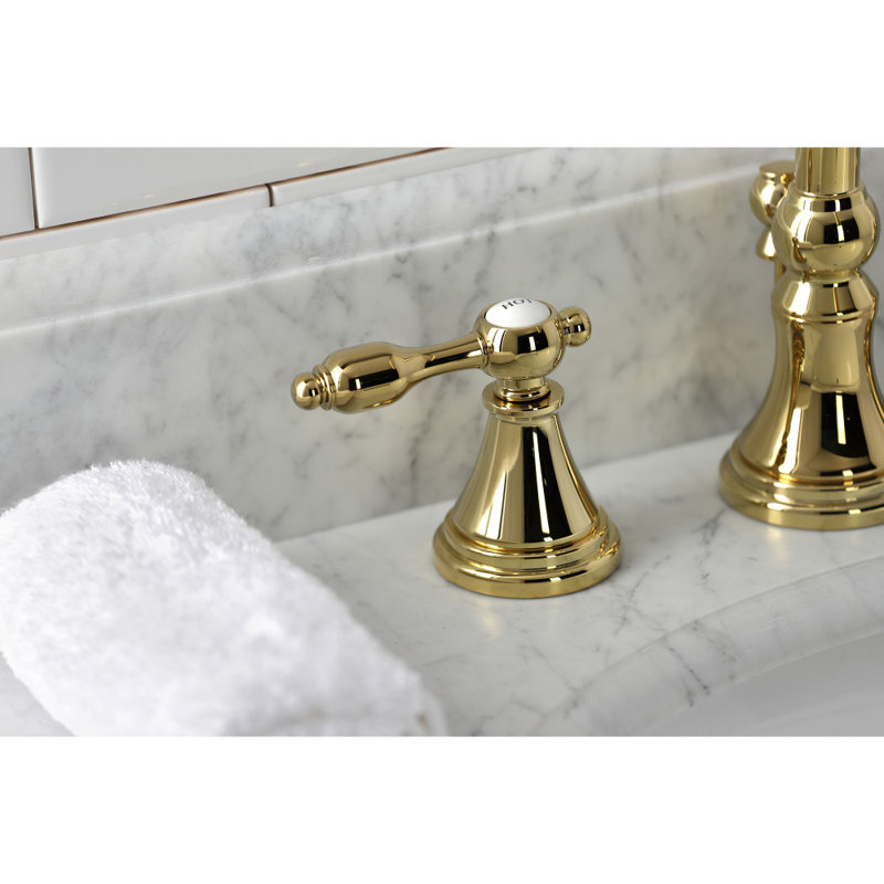Kingston Brass Tudor Two-Handle 3-Hole Deck Mount Widespread Bathroom Faucet with Brass Pop-Up Drain, Polished Brass