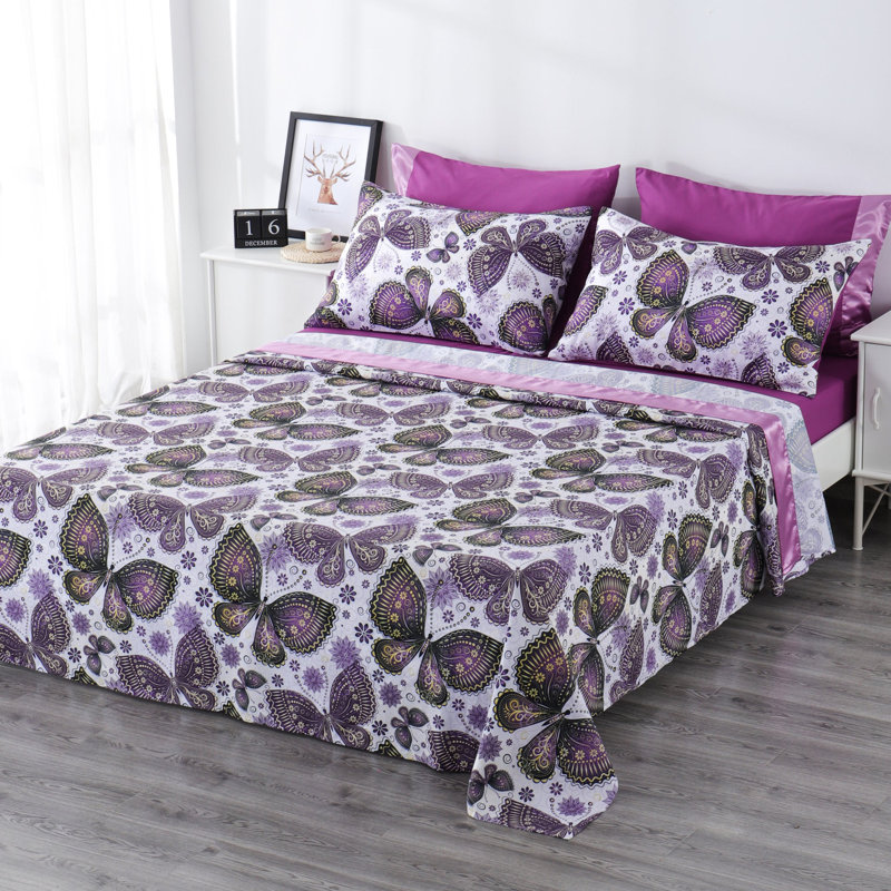 Ensemble de draps 6 pièces Polycotton, Courtepointe pour grand lit + 5 pièces supplémen, Papillon
