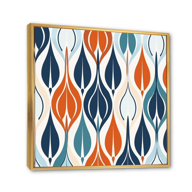 «Orange and Blue Botanical Symphony I», reproduction d'art sur toile, Cadre flottant doré, H 16 po x l 16 po x P 1 po