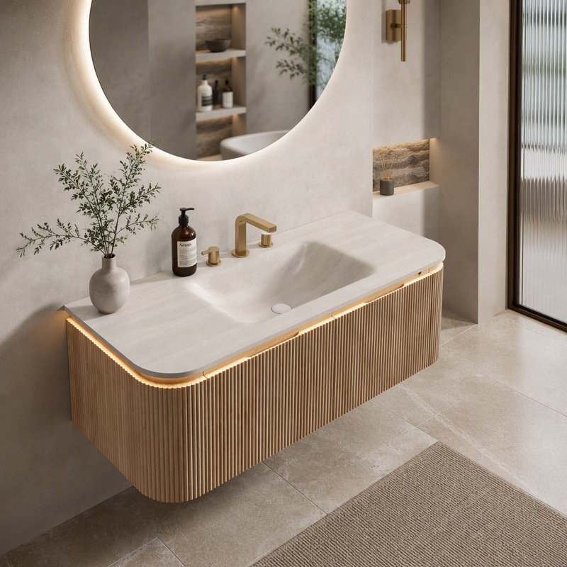 Meuble-lavabo suspendu de 122 cm avec lavabo intégré en pierre frittée cintrée à chaud à motif de travertin, 2 tiroirs et éclairage à détecteur de mouvement