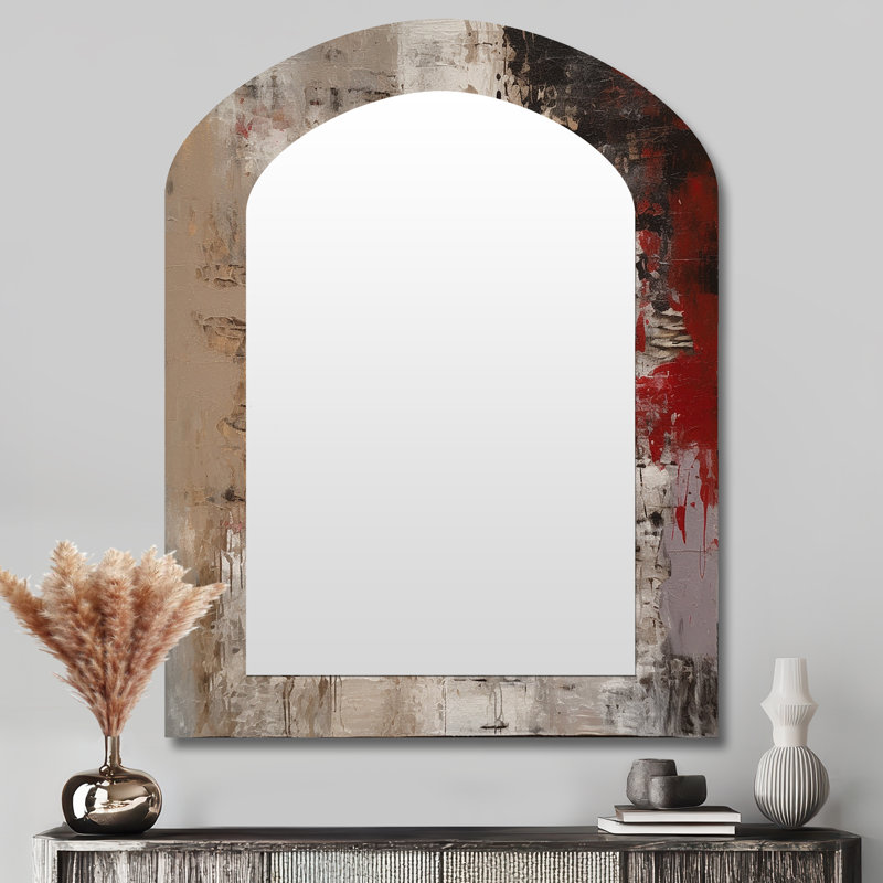 Fading Passion Abstract In Retro Beige And Red I - Abstract Painting Arch Large Mirror, Modern Asymmetrical Decorative Wall Mirror, Printed Metal Art