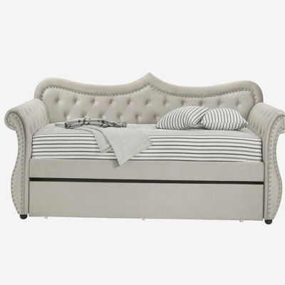 Beige Upholstered Twin Daybed with Trundle