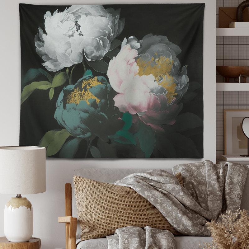 Tapisserie pivoine blanche sur polyester II, H 50 po x l 60 po