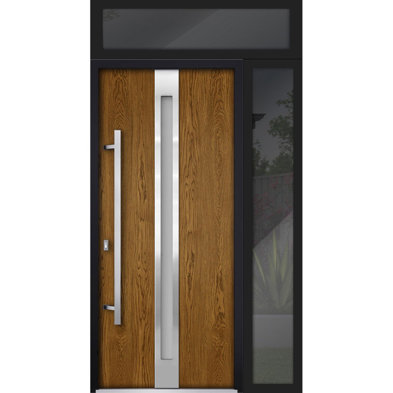 Porte d'entrée extérieure prémontée en acier Deux 1744, chêne naturel, côtés et partie supérieure extérieurs, fenêtres noires, inserts en acier inoxydable, style moderne, peinte, L 36 + 14 x H 80 + 16, ouverture à droite vers l'intérieur