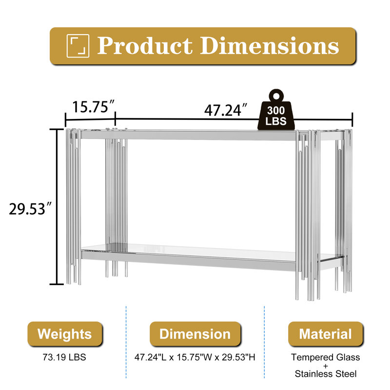 Console supérieure et inférieure en verre trempé à double couche et cadre en acier inoxydable à finition miroir, Clair