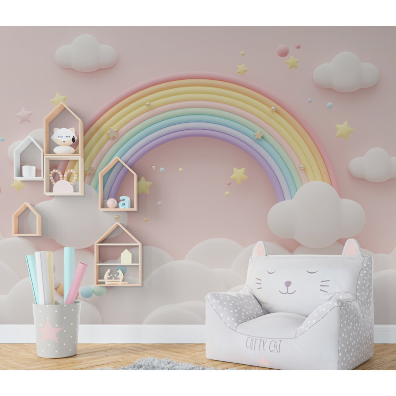Papier peint aquarelle 3D nuage arc-en-ciel étoiles Peel and Stick Girl , H 50 po x l 75 po, Peel-n-Stick
