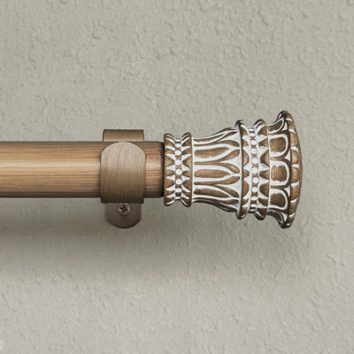 Farmhouse Carved Wood Single Curtain Rod With Decorative Column Finial, Adjustable Length