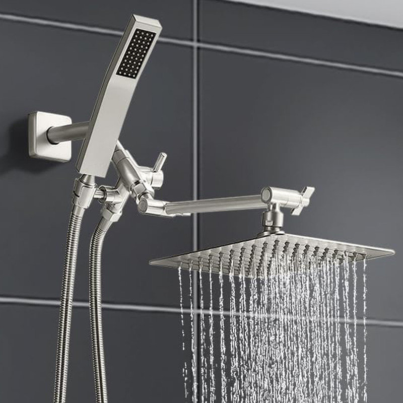 Brushed Nickel Dual Square Rain Shower Head with Handheld Wand