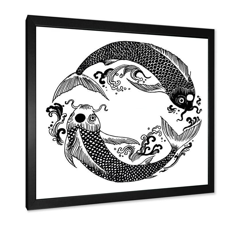 Poisson koi chinois dans un style chinois III - Impression sur toile, H 16 po x l 16 po x P 1 po, Cadre photo noir