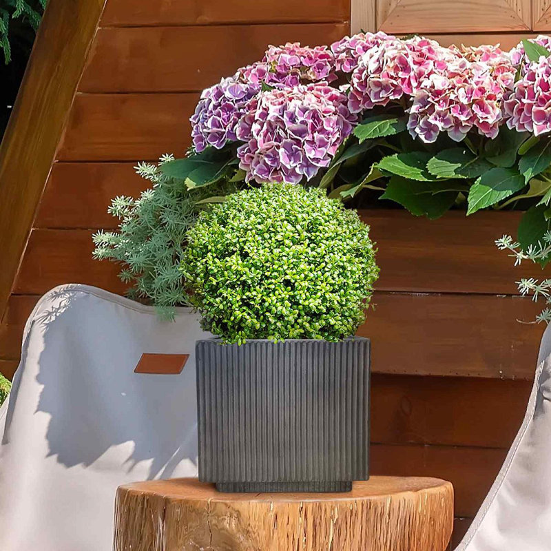 Black Concrete Effect Square Planter, Frostproof Outdoor Plant Pot, Garden Planter Box with Drainage Holes