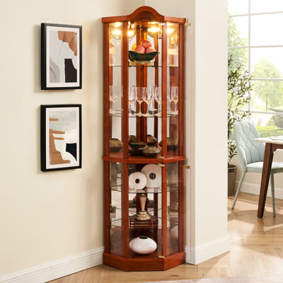Armoire au fini chêne avec présentoir en verre et tablette réglable