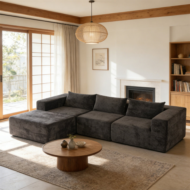 107" Compressed Sectional Sofas(Black), Black Fabric