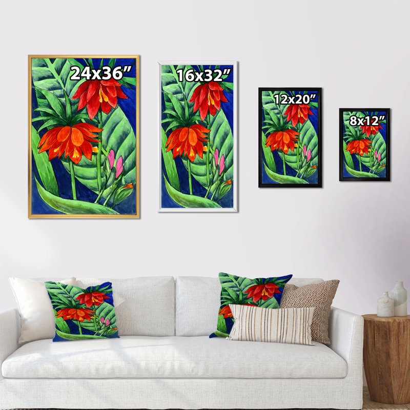 Aquarelle de fleurs rouges tropicales - peinture, H 36 po x l 24 po, Cadre flottant noir