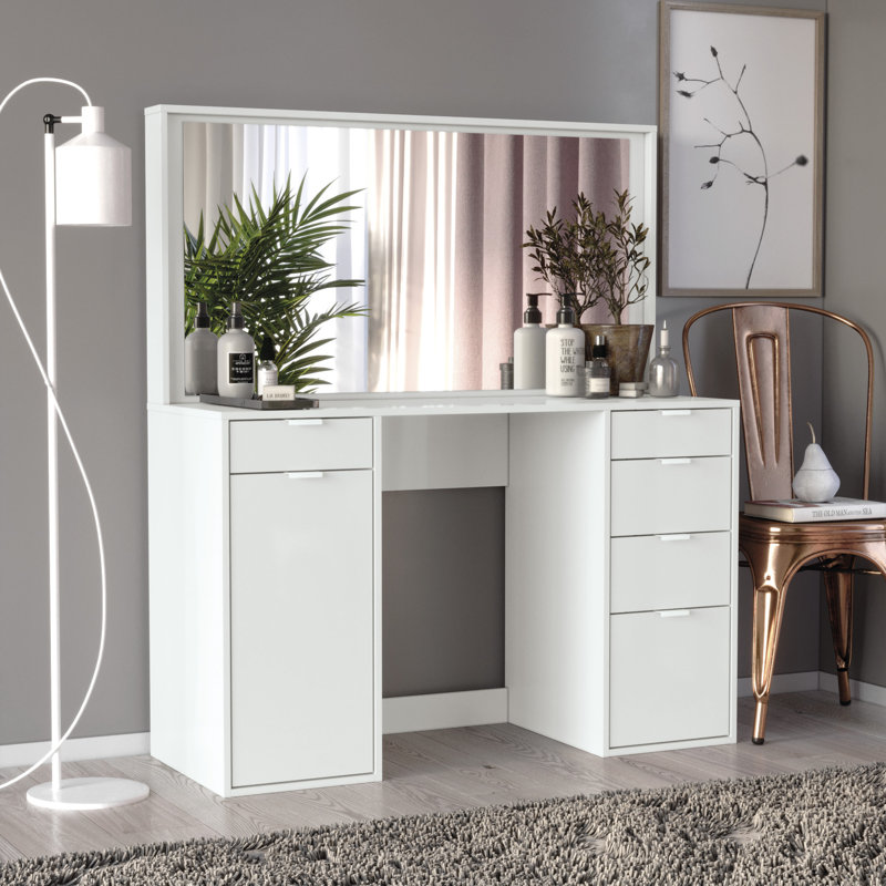 Leyla Makeup Vanity Desk with Mirror and 5-Drawer & 1-Door, Ample Storage.