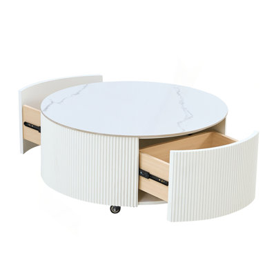 Modern Round Movable Coffee Table with Casters, 2 Drawers, Marble Pattern Sintered Stone Top