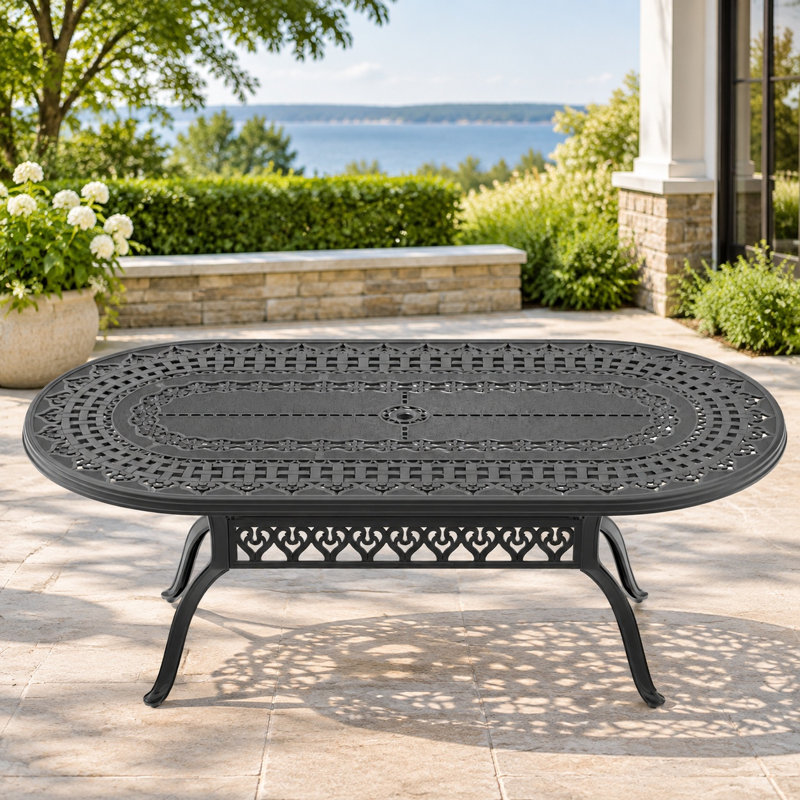 Table de salle à manger d'extérieur en aluminium coulé noir de 81,89 pouces avec trou pour parasol