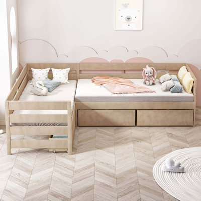 Lit plateforme simple en forme de L avec trois tiroirs de rangement
