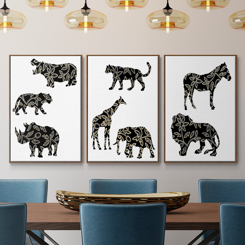 Ornementaux animaux de safari I, reproduction sur toile 3 pièces, Cadre noyer, H 48 po x l 96 po x P 2 po