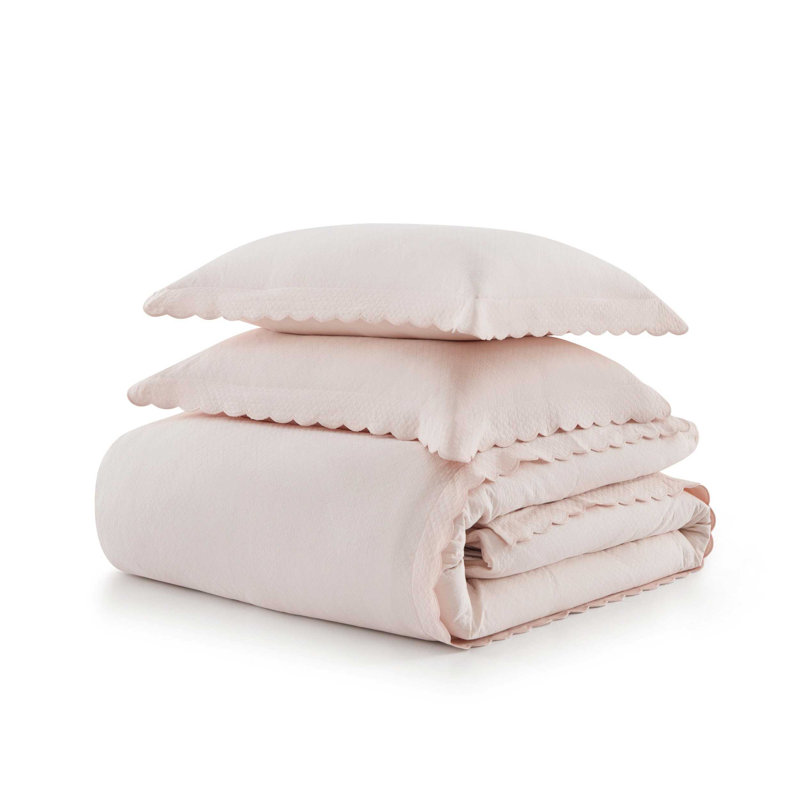 Martha Stewart Signature Scallop Solid Reversible Duvet Cover Set, Pink, Queen Duvet Cover + 2 Standard Shams