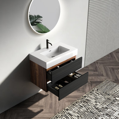 Meuble-lavabo mural moderne de 30 pi avec lavabo en quartz et tiroirs à fermeture en douceur, lavabo une pièce, panneaux de qualité E1, 20% plus de rangement, montage facile, assemblage double, côté grain de bois blanc brillant