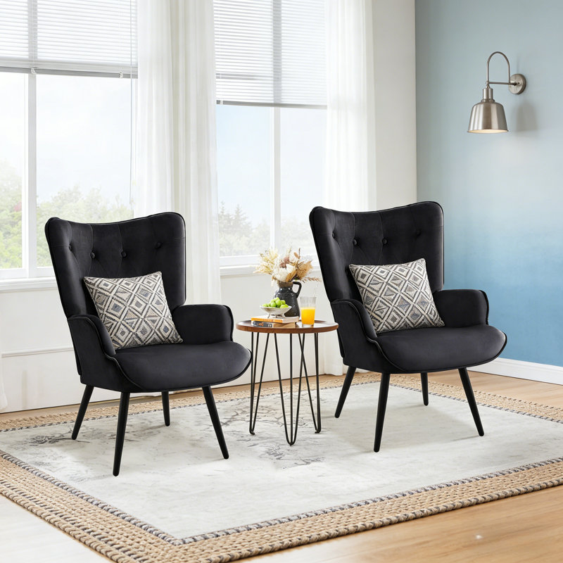 Fauteuil à oreilles rembourré en velours avec pieds en métal Modern, Velours noir
