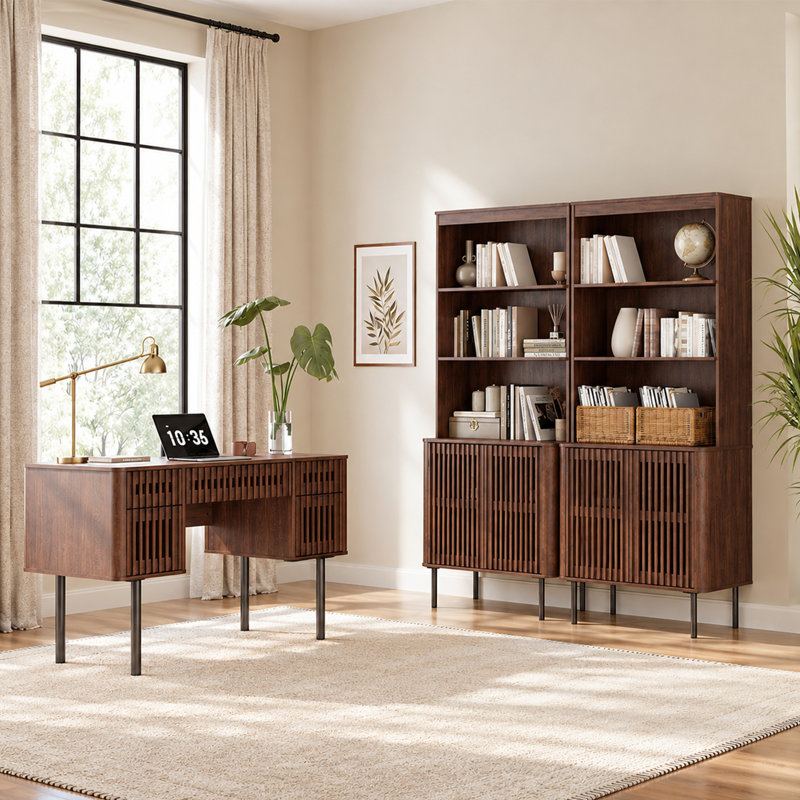 Ensemble de bureau 2 pièces, bureau de direction 137 cm et ensemble de 2 bibliothèques, noyer, Walnut