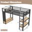 Lit mezzanine simple TG en métal avec garde-robe, tablettes de rangement et panneau perforé - cadre noir peu encombrant