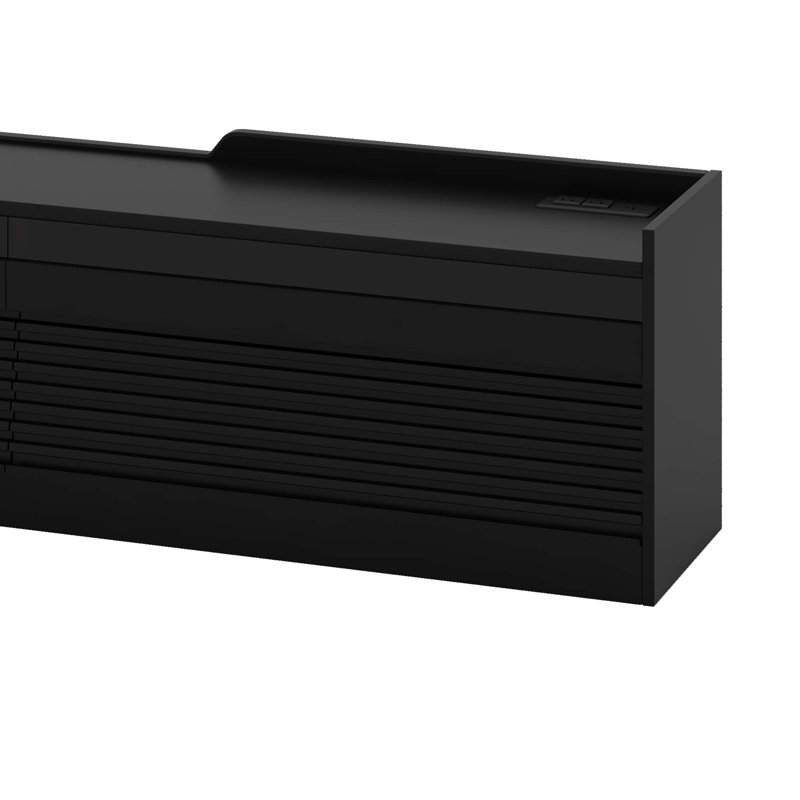 Meuble télé moderne cannelé avec lumière DEL et station de charge USB, console multimédia en bois avec 4 tiroirs, verre trempé