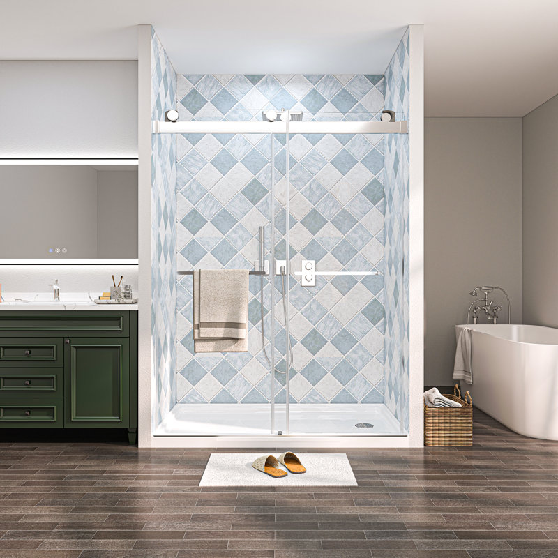 60'' - W x 76'' H Bypass Door Frameless Shower Door with, Brushed Nickel