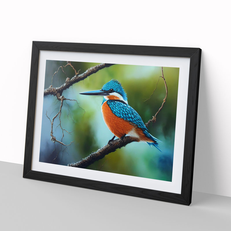 XH1022-597X An Effervescent Kingfisher Bird - Single Picture Frame Painting, 25cm H x 34cm W x 2cm D, Oak