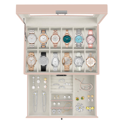 2‑Tier PU Leather Lockable Watch Box, 12 Slot Watch Display Case with Real Glass Lid