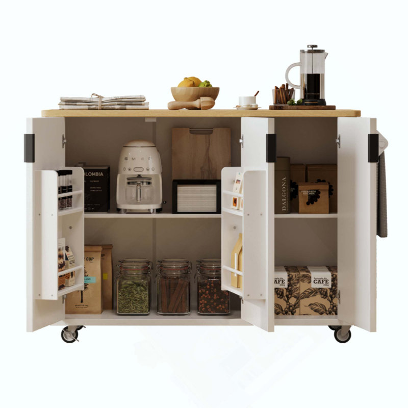 Fluted Kitchen Island with Drop Leaf, White