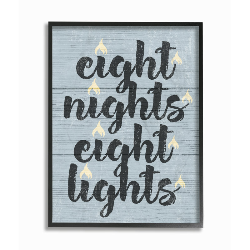 « hanoukka huit nuits huit lumières typographie », impression, H 20 po x l 16 po x P 1,5 po, Giclée encadrée noir minuit